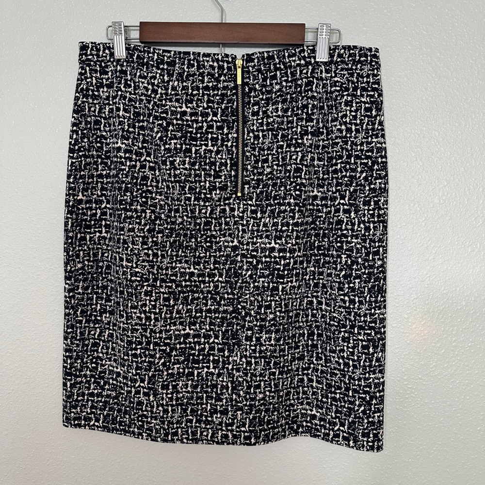 Michael Kors Black White Tweed Print Pencil Skirt Gold Back Zip Sz 12